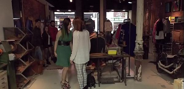 Hottie has gangbang in public boutique